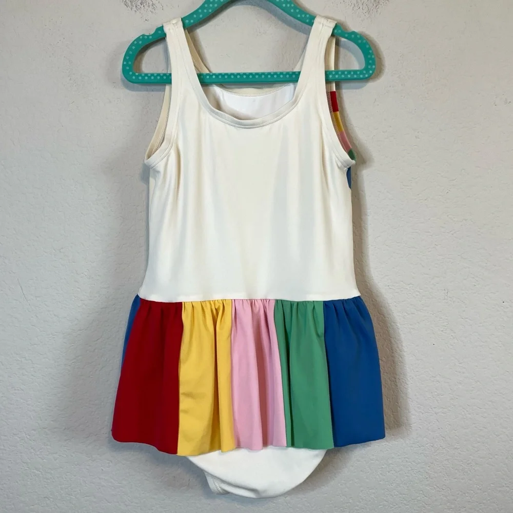 Hanna Andersson Cream One-Piece Swimsuit with Rainbow Stripes